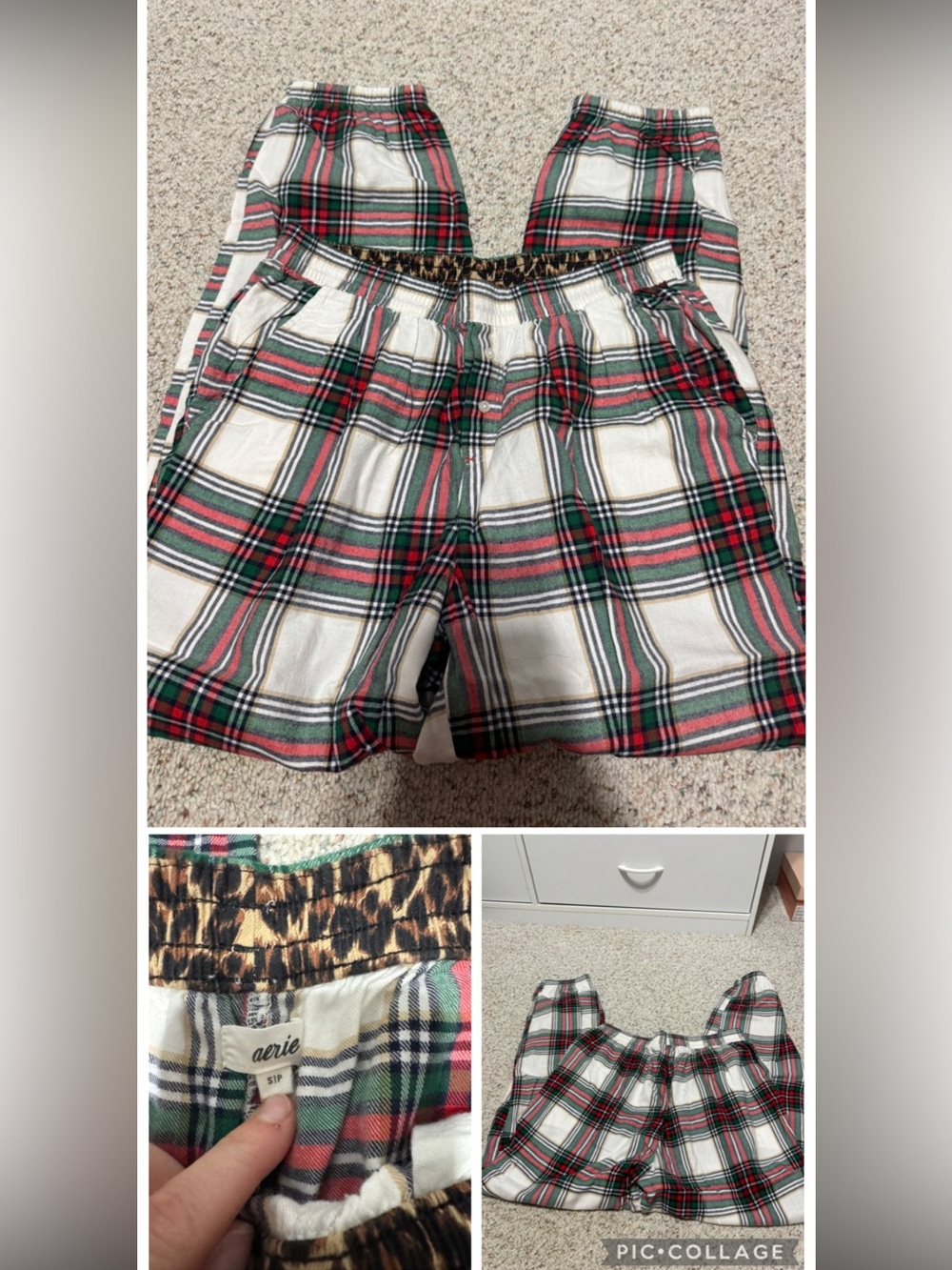 aerie Cream Plaid Lounge Shorts with Red & Green Tartan and Leopard Waistband